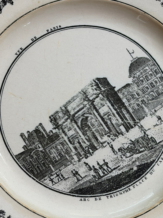 Set of Three Antique French Creil Black Transferware Paris Views Plates, 9.5”