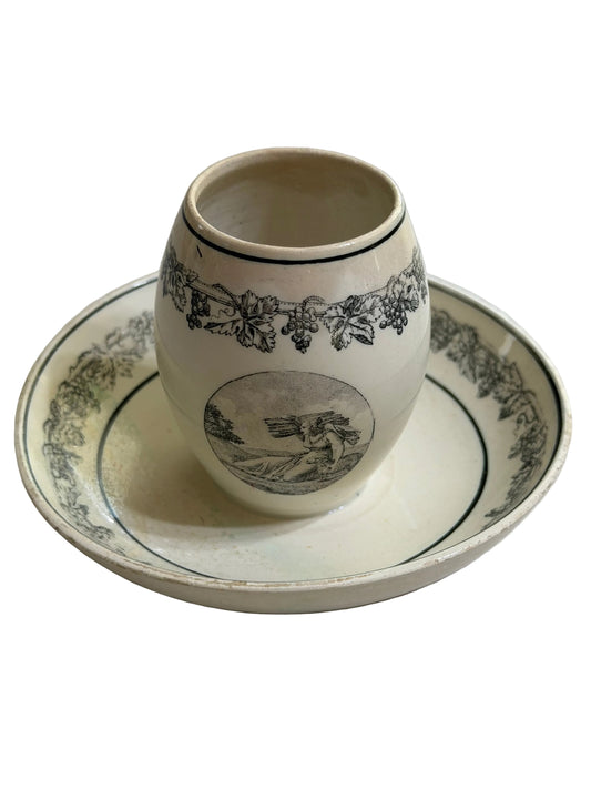 Rare Early 19th Century French Creil Black Transferware Table Condiment Pot with Integral Stand