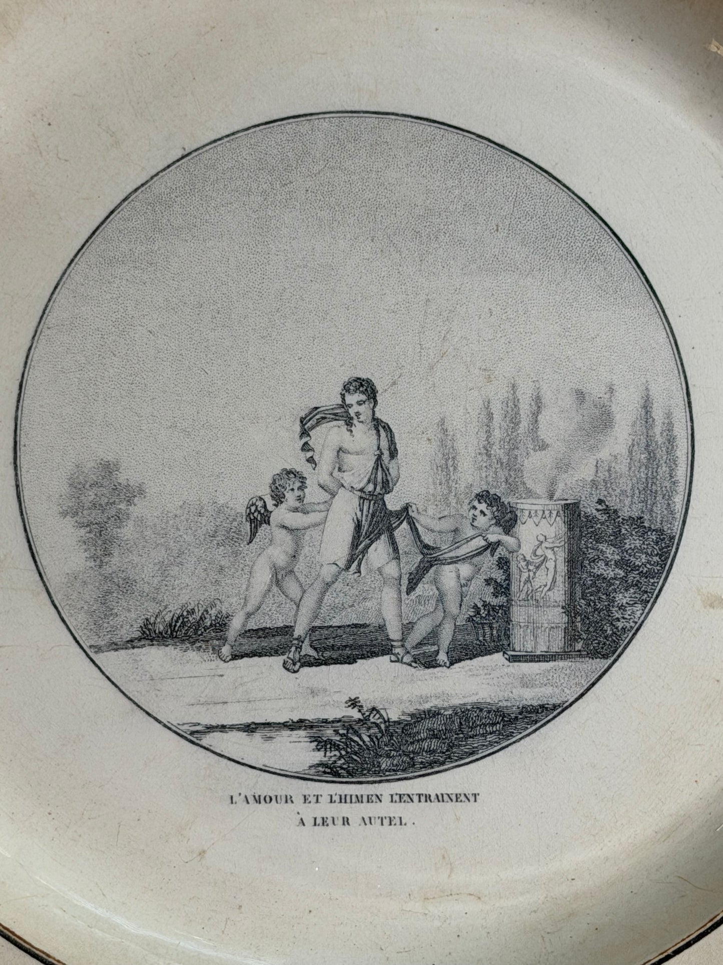 Antique French Creil Black Transferware Plate “L’Amour et L’Hymen L’Entraînent à Leur Autel,” 11”