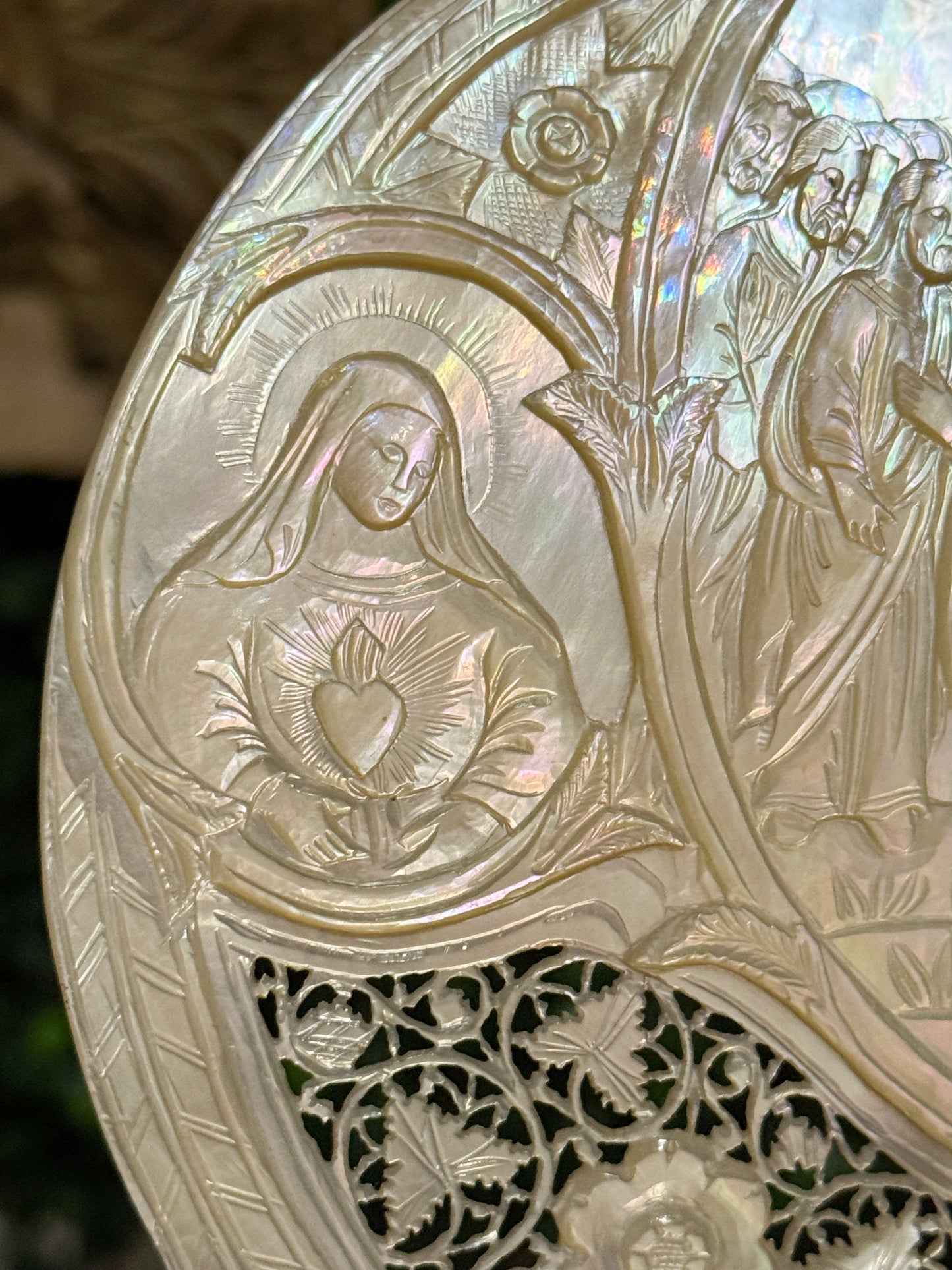 19th Century Intensely Carved Mother of Pearl Religious Devotional Shell