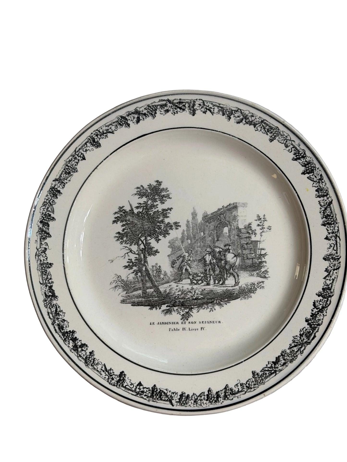 19th Century French Black Transferware Fable Plate “Le Jardinier et son Seigneur” | 8.25”