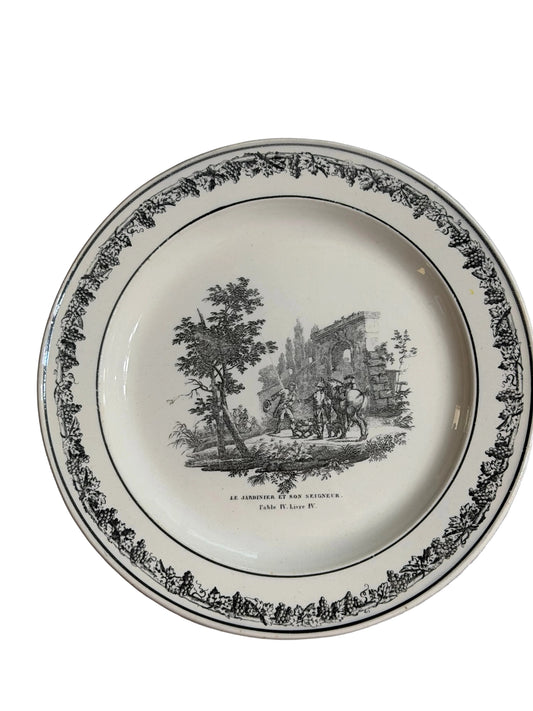 19th Century French Black Transferware Fable Plate “Le Jardinier et son Seigneur” | 8.25”