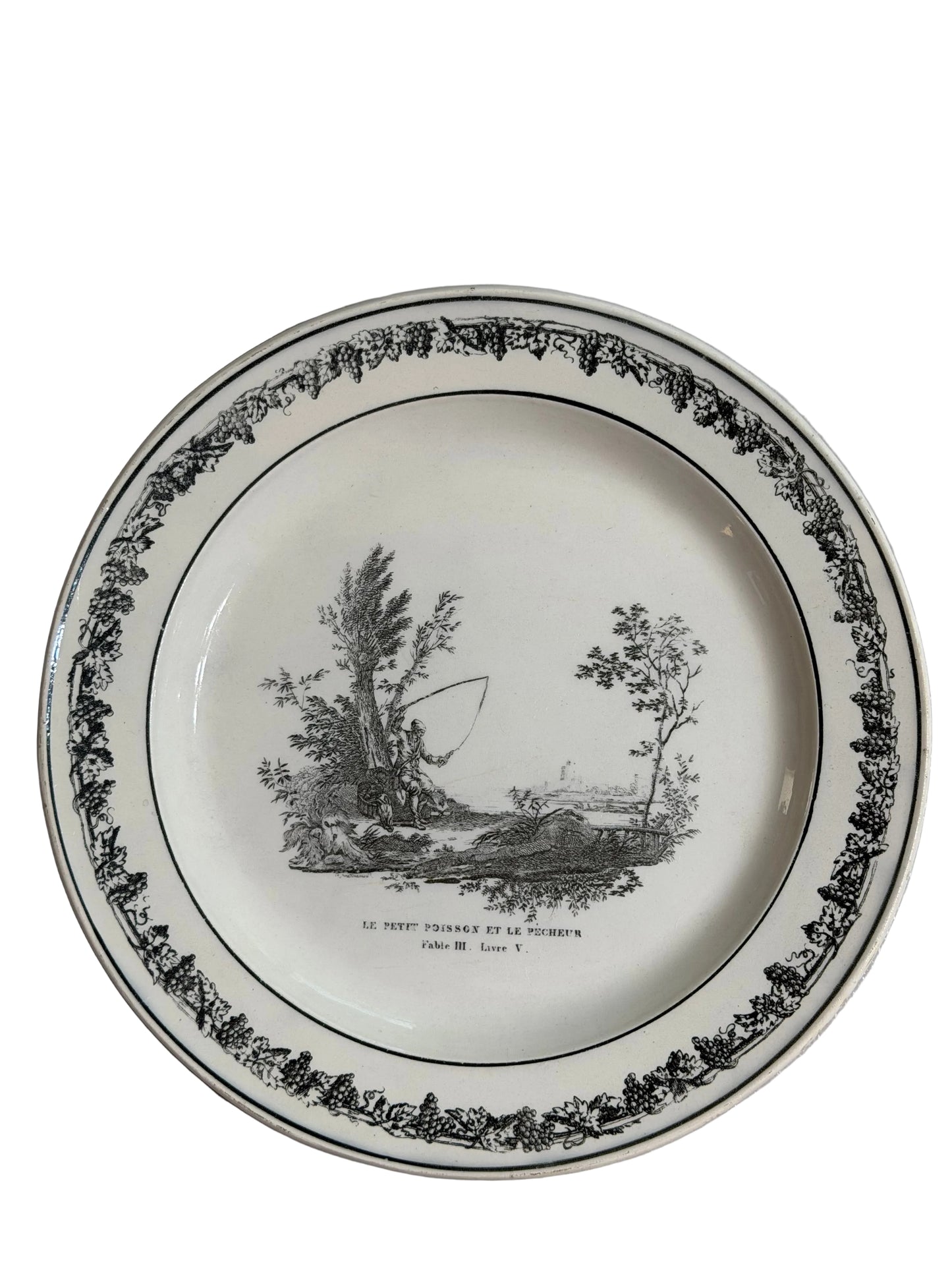 Early 19th Century French Creil Black Transferware Fable Plate “Le Petit Poisson et le Pêcheur” 8.25”