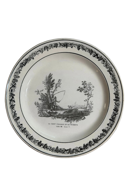 Early 19th Century French Creil Black Transferware Fable Plate “Le Petit Poisson et le Pêcheur” 8.25”