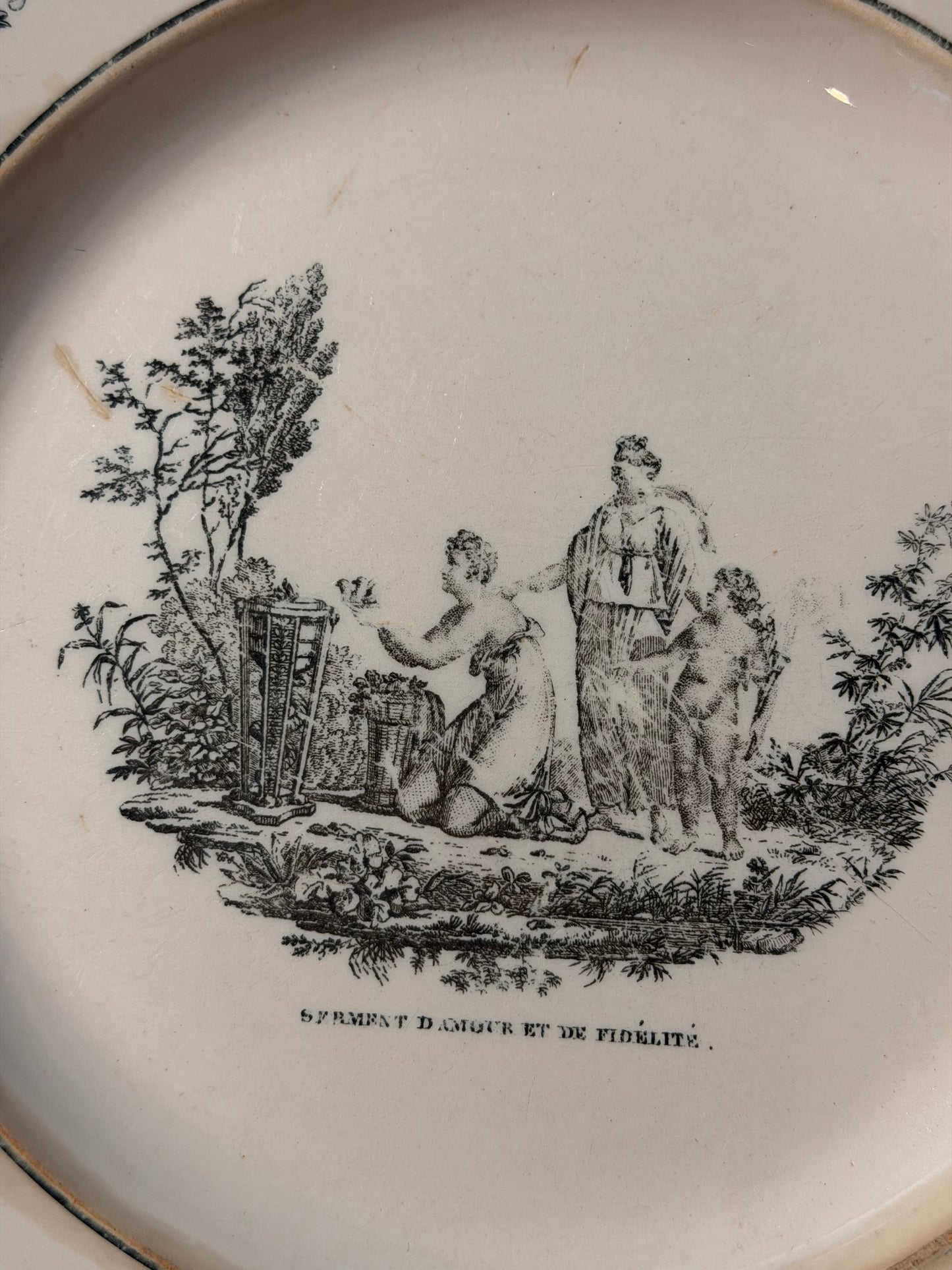 Early 19th Century French Creil Creamware Transferware Plate | Serment d’Amour et de Fidélité