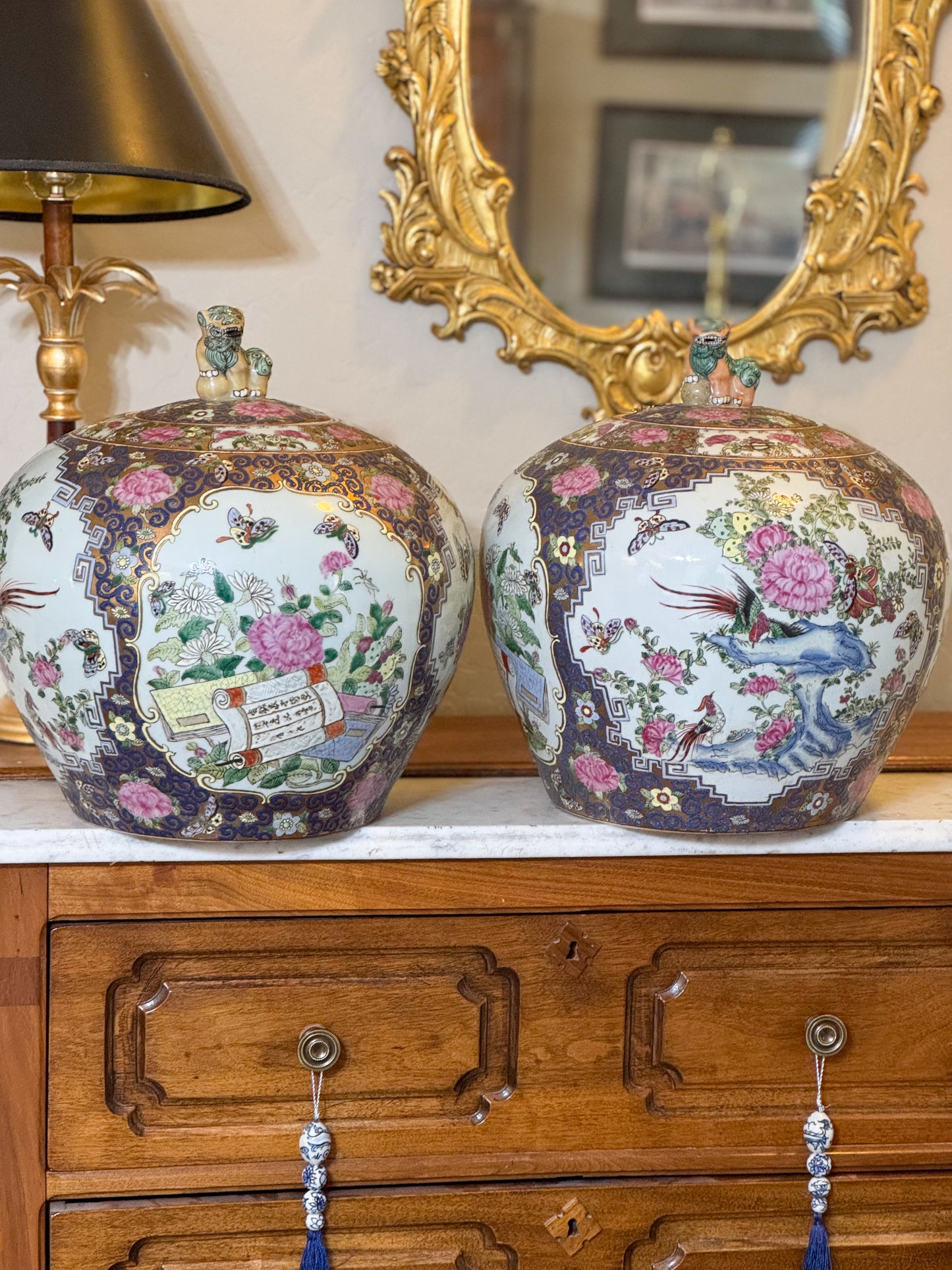 PAIR Monumental Vintage Chinese Porcelain Melon Jars with Foo Dog Handles