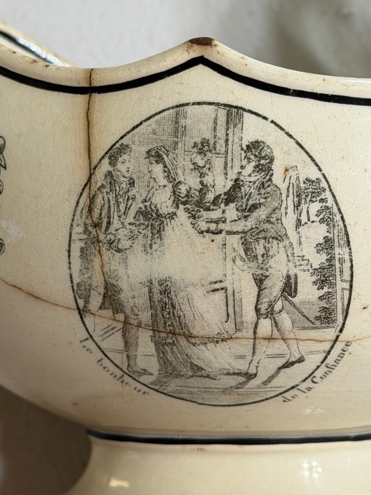 Early 19th Century French Creil Black Transfer Printed Creamware Sauce Boat | Historical & Fable Scenes