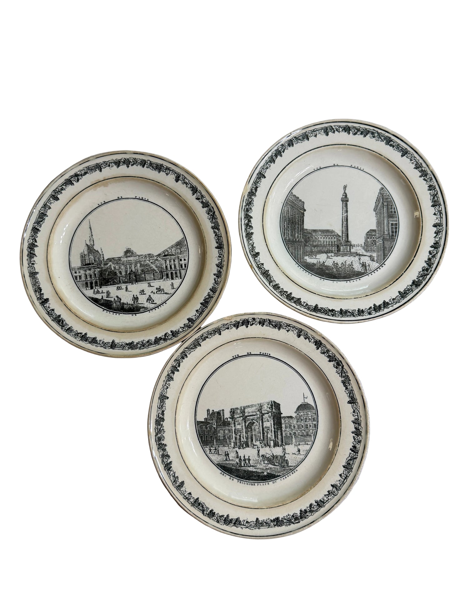 Set of Three Antique French Creil Black Transferware Paris Views Plates, 9.5”