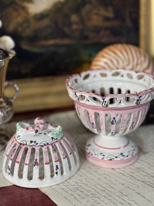 French Faience Pierced Pedestal Sweetmeat Urn with Lid