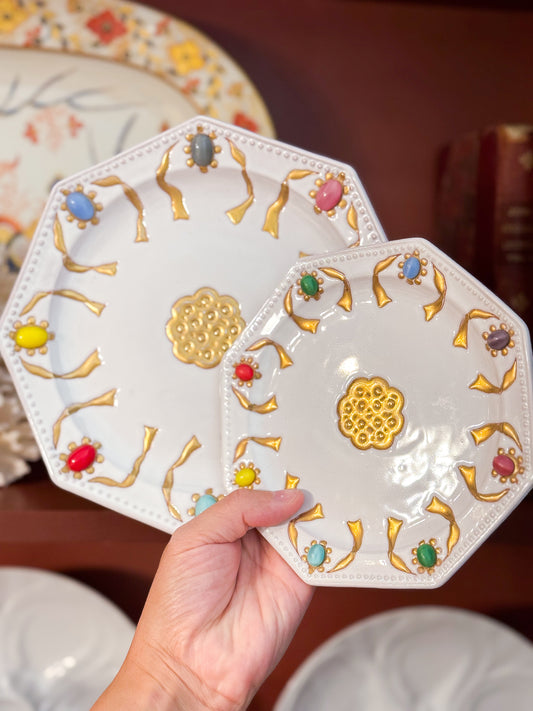 Vintage Italian Cabochon Rim and 22k Gold Painted Plates by Artist Carole Stupell