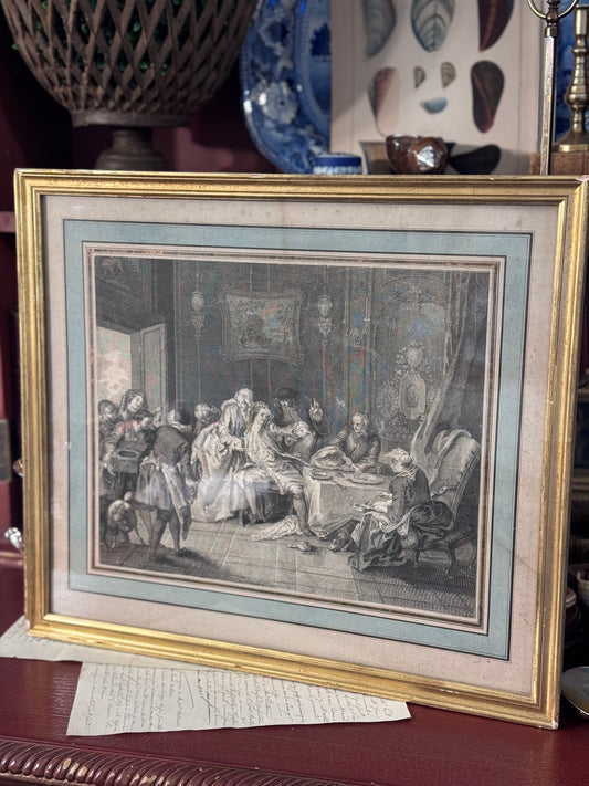 18th Century Engraving After William Hogarth, Gilt Frame with Blue Mat