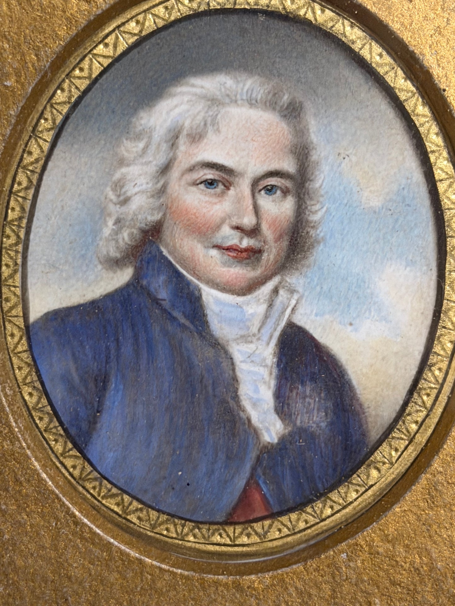 Early 18th Century French Court Gentleman Portrait Miniature in Gilt Frame