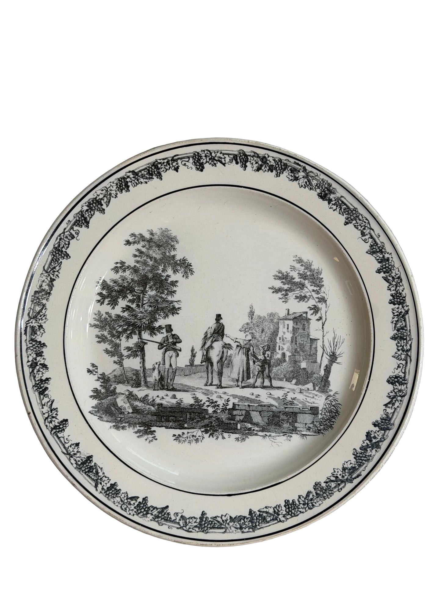 Early 19th Century French Creil Black Transferware Hunt Scene Plate 8.25”