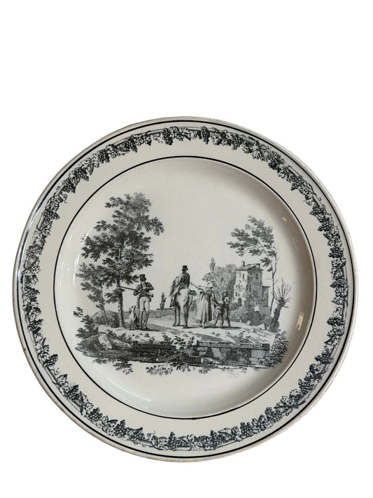 Early 19th Century French Creil Black Transferware Hunt Scene Plate 8.25”