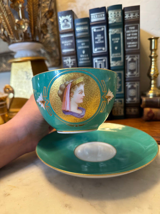 19th c. French Porcelain Green Ground Empire Portrait Cup and Saucer