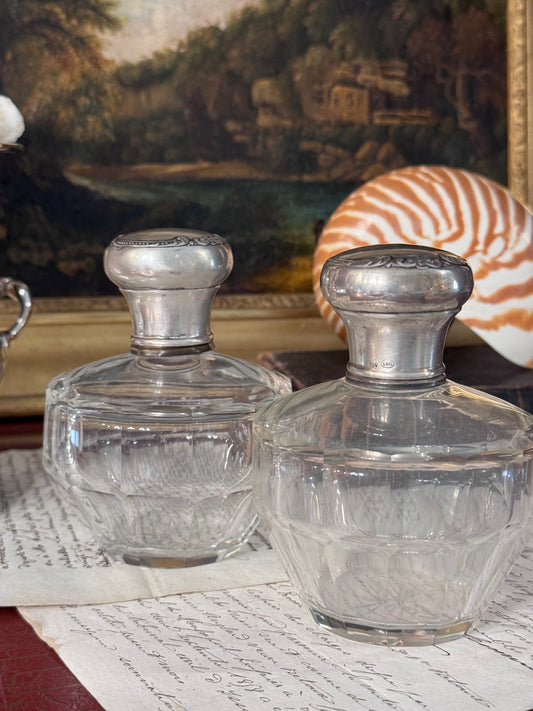 Antique Cut Glass Vanity Bottles with Continental 800 Silver Tops, Pair