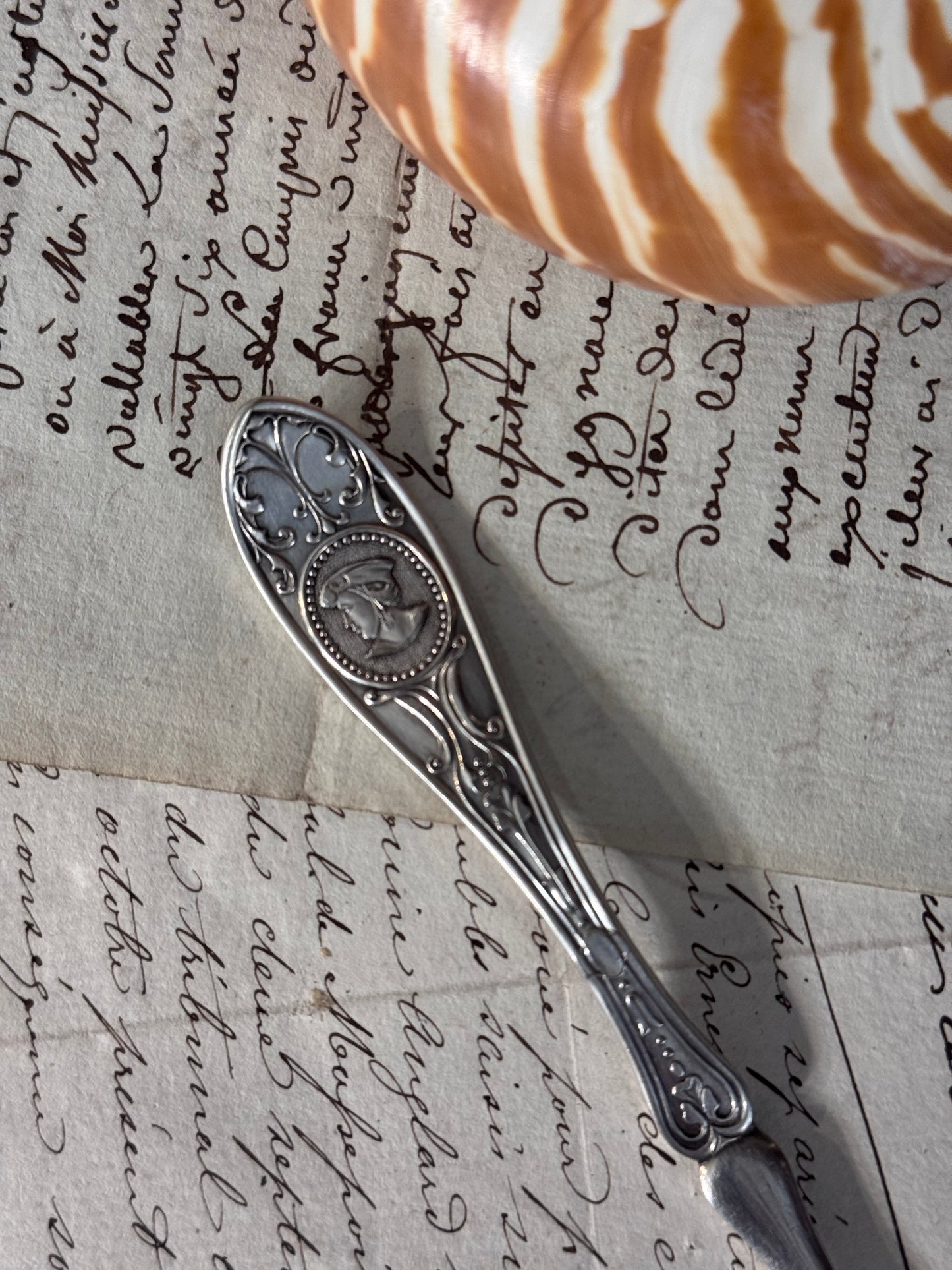 English Silver Plate Letter Opener with Classical Profile Medallion