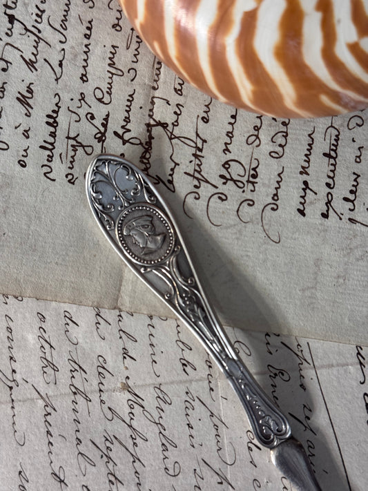 English Silver Plate Letter Opener with Classical Profile Medallion