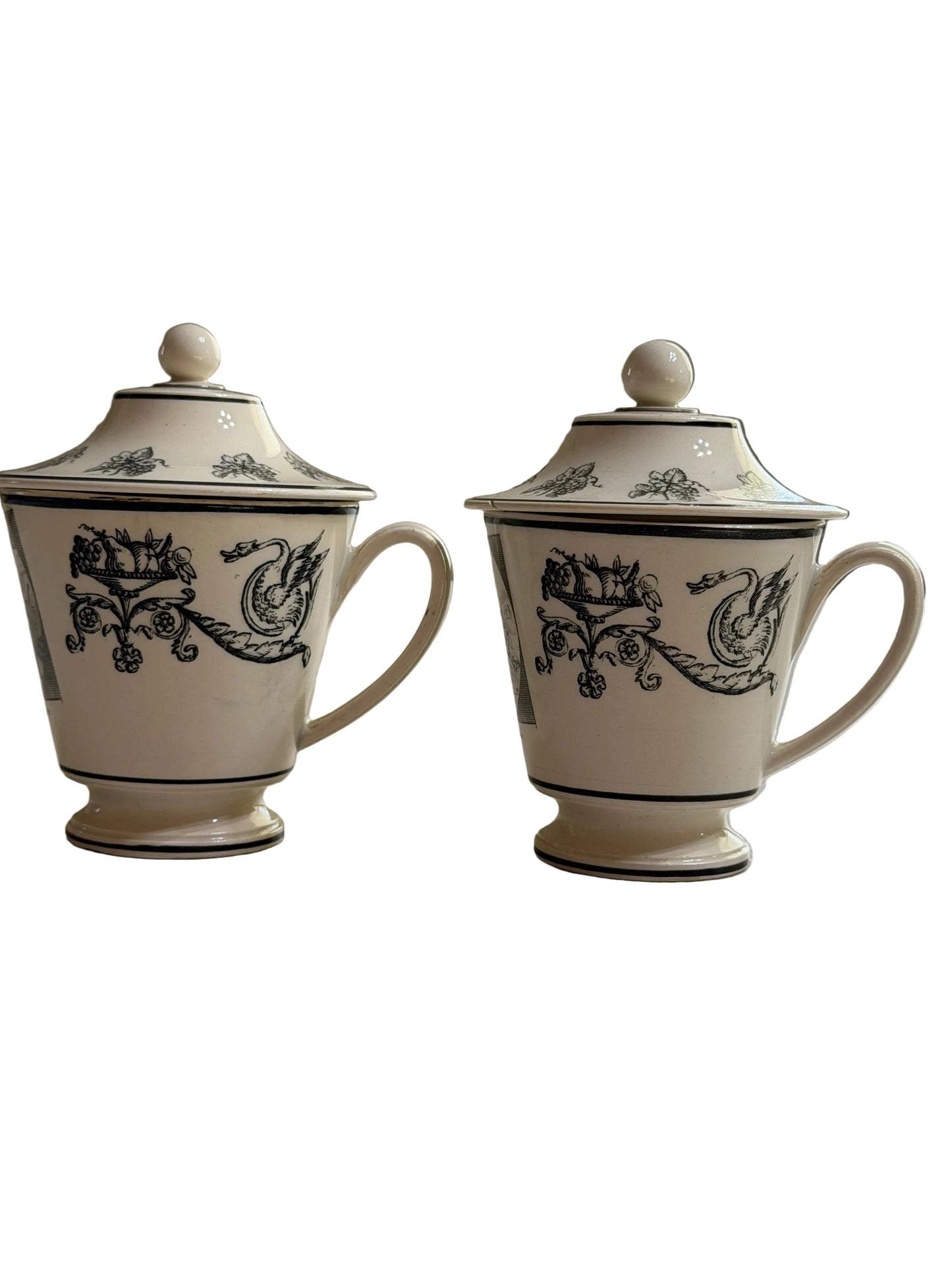 Pair of Early 19th Century French Creil Black Transferware Covered Chocolate Cups