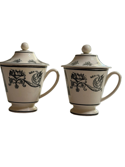 Pair of Early 19th Century French Creil Black Transferware Covered Chocolate Cups