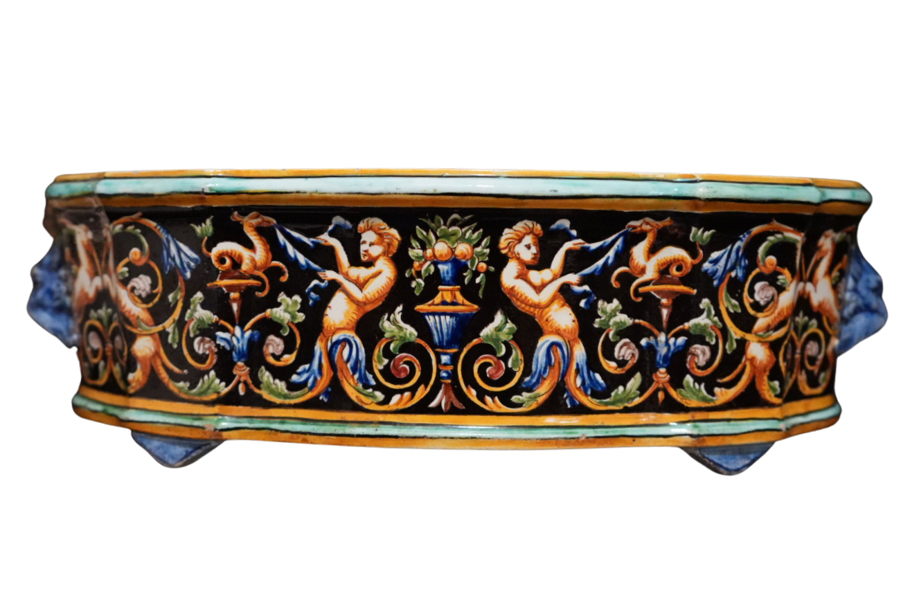 19th c. French Gien Faience Jardinière Hand Painted Renaissance Revival Design