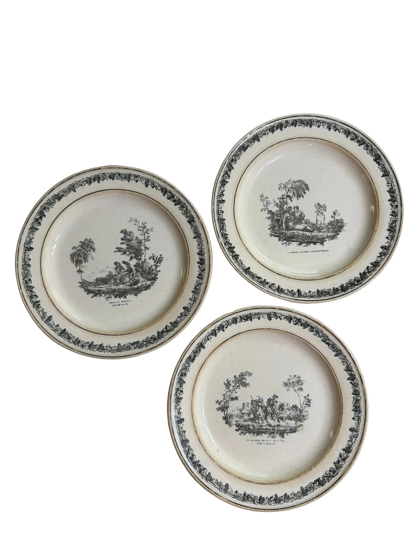 Set of Three Early 19th Century French Creil Black Transferware Fable Plates | 9.25"