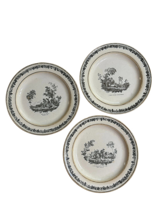 Set of Three Early 19th Century French Creil Black Transferware Fable Plates | 9.25"