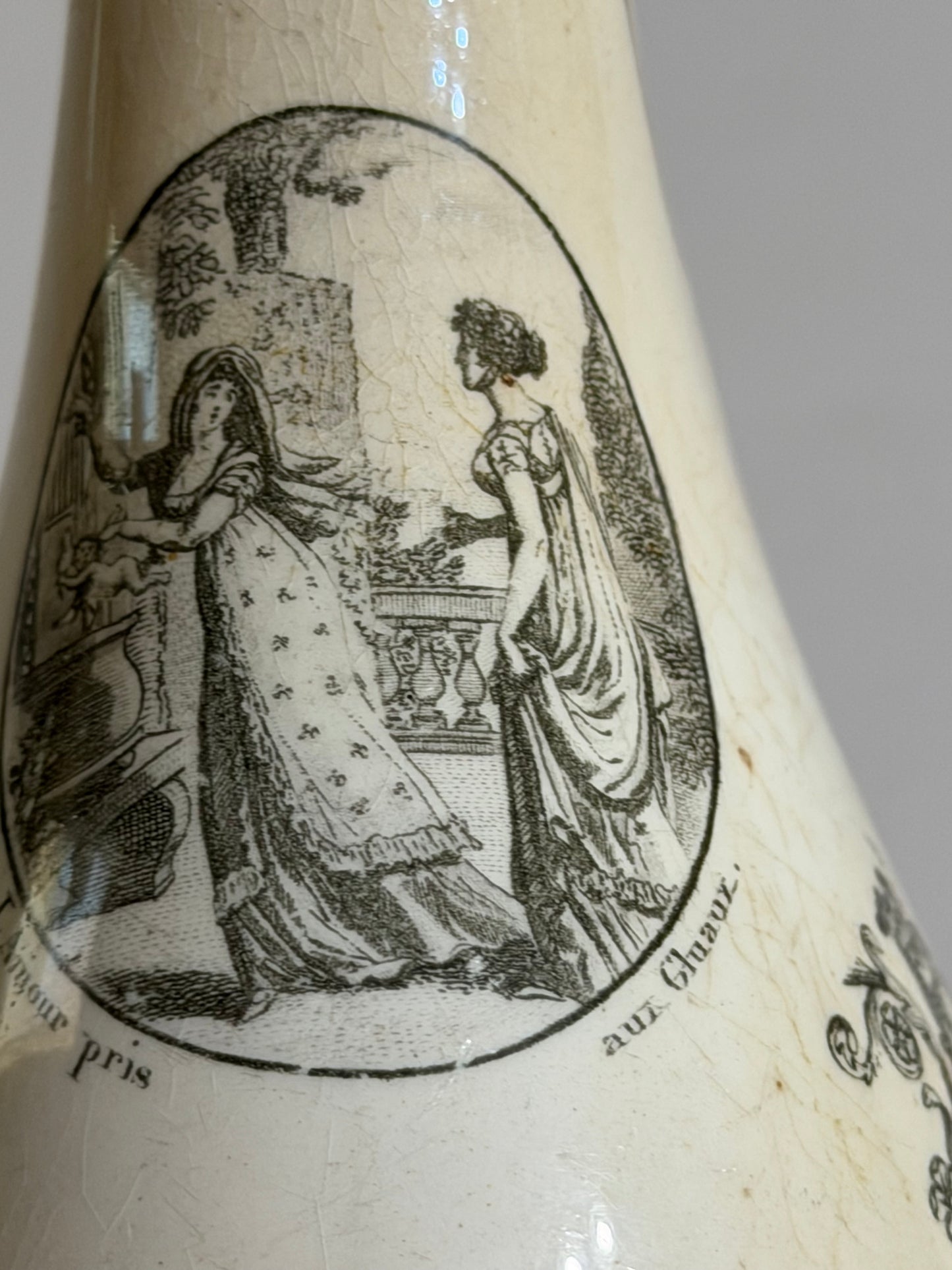 Early 19th Century French Creil Black Transfer Printed Creamware Sauce Boat | Historical & Fable Scenes