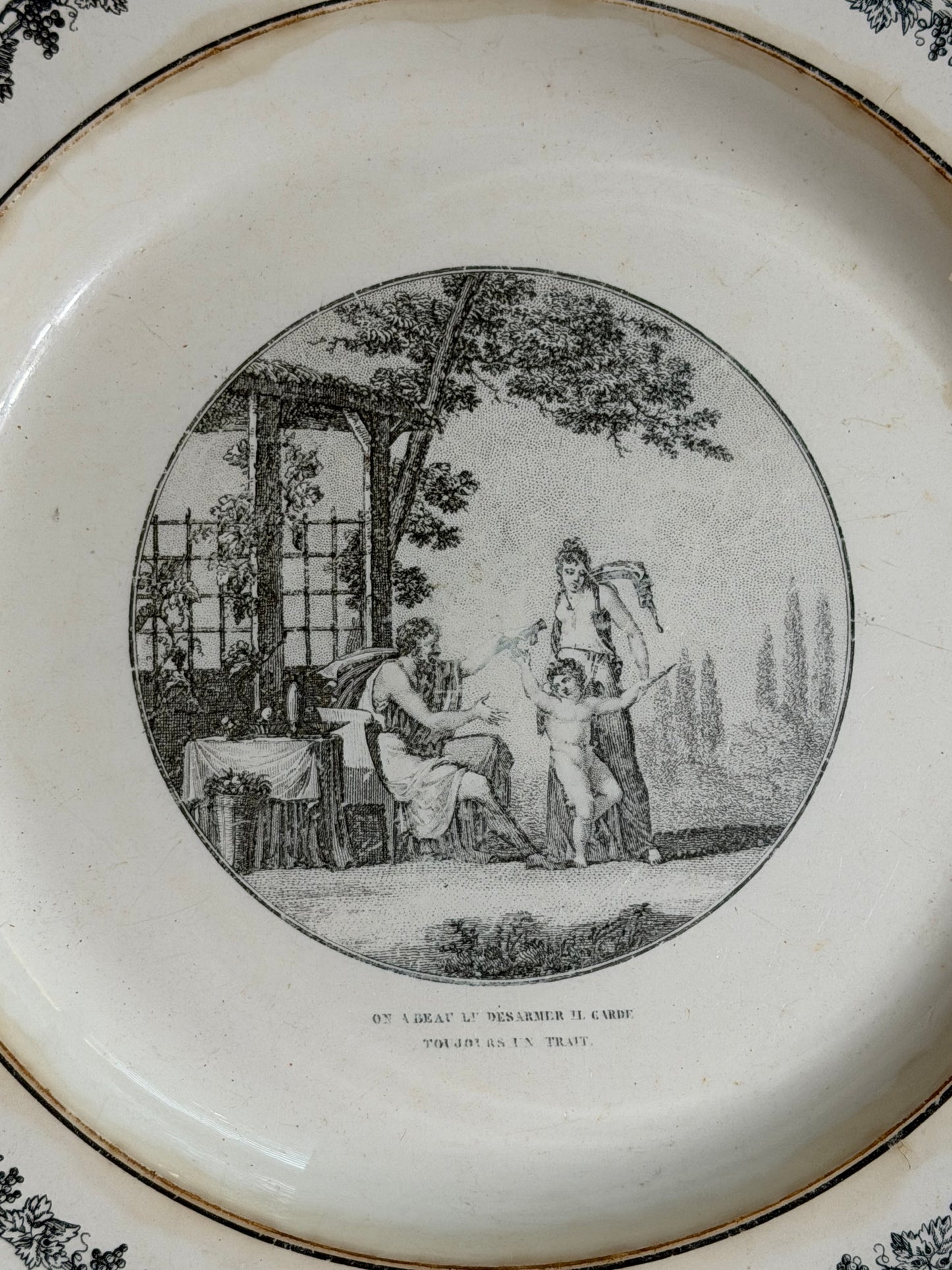 Antique French Creil Black Transferware Plate “On a Beau le Désarmer Il Garde Toujours un Trait,” 11”