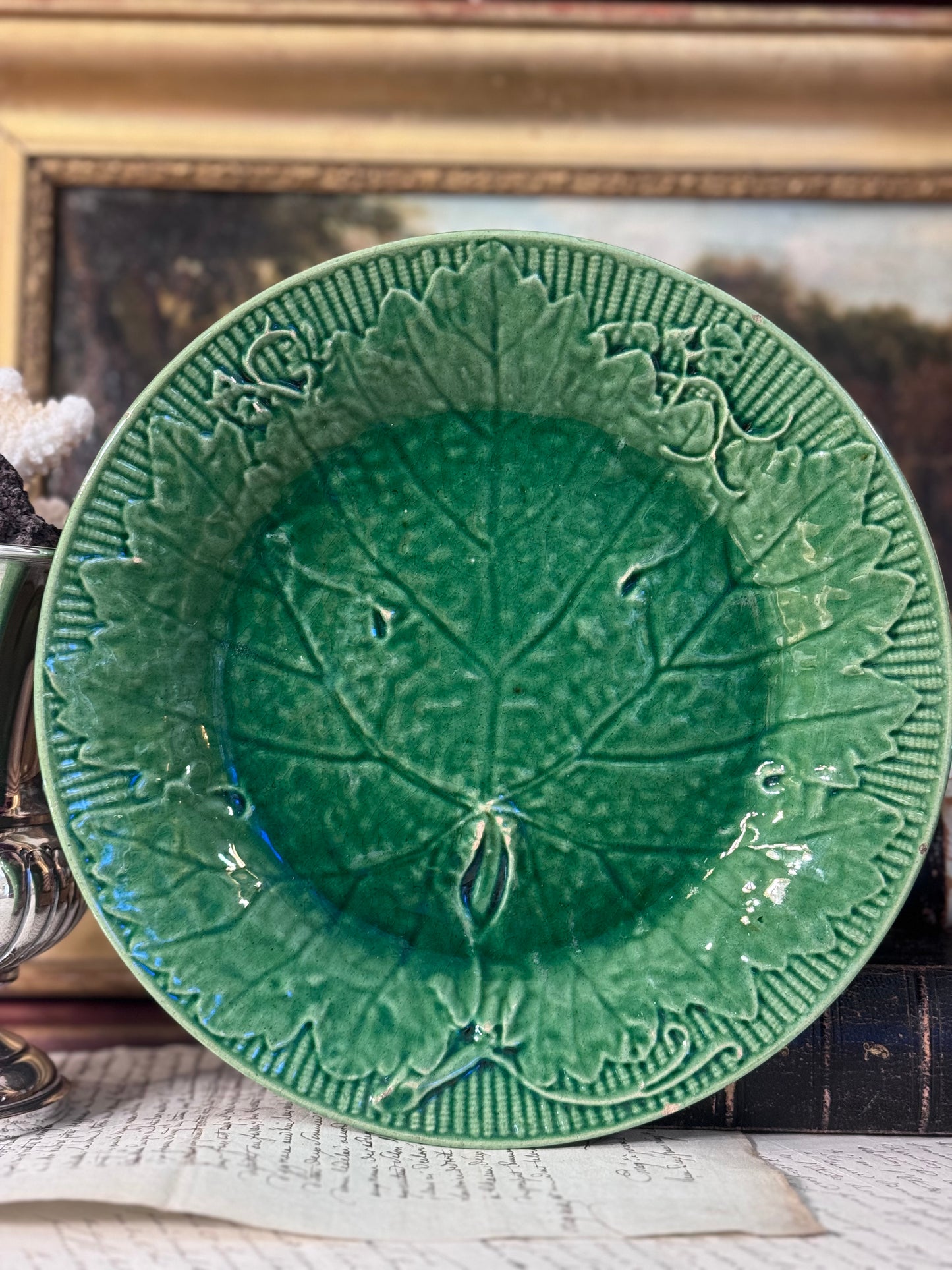 Antique French Majolica Leaf Plate 8.25”
