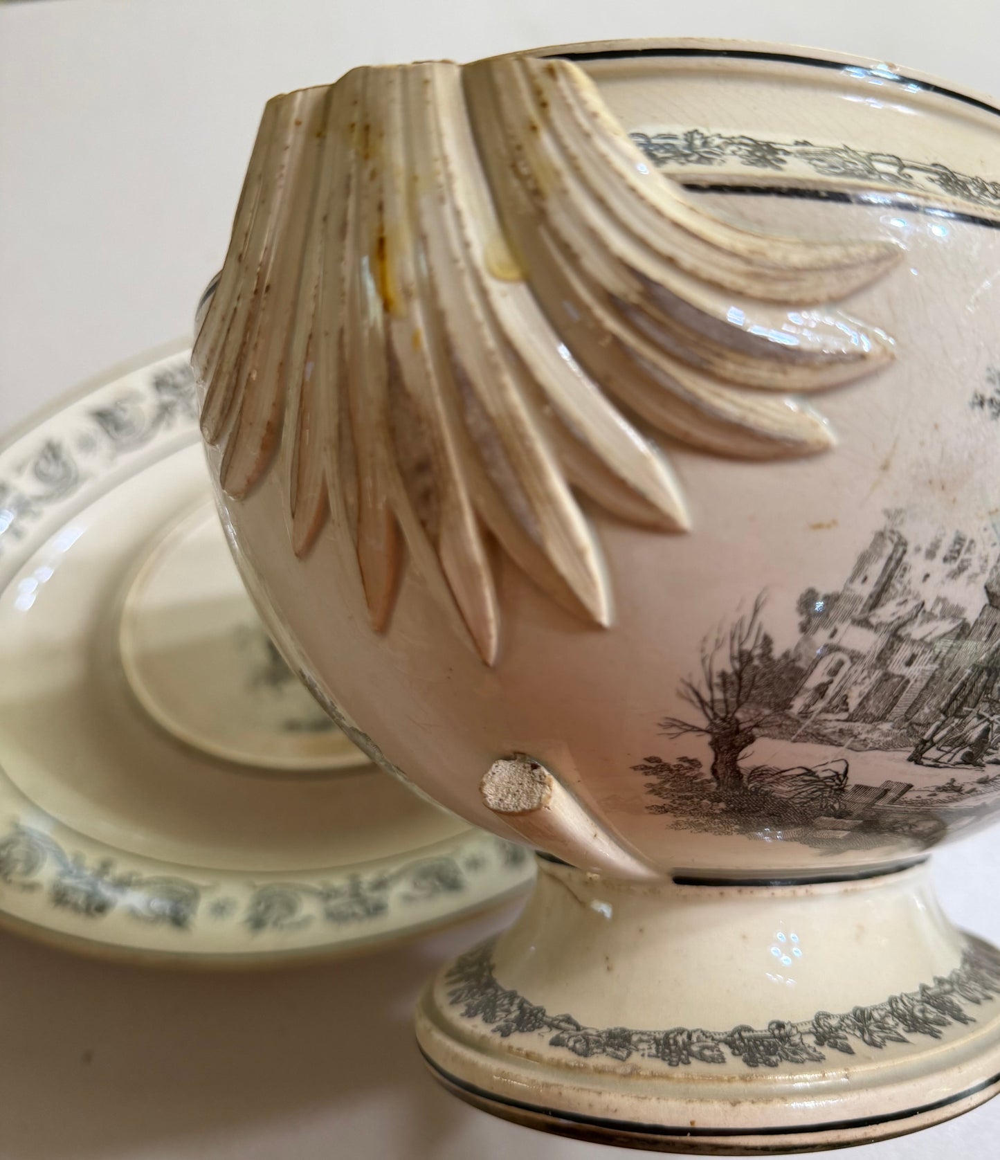 Rare Early 19th Century French Creil Hunt Scene Tureen with Original Undertray | Black Transferware