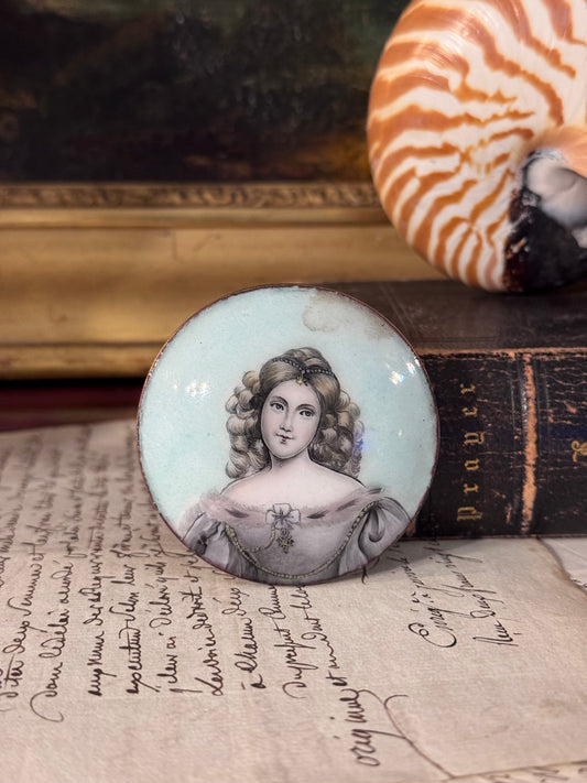 Hand Painted French Enamel Portrait Miniature 2.25”