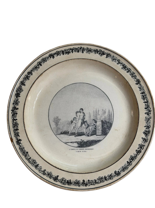 Antique French Creil Black Transferware Plate “L’Amour et L’Hymen L’Entraînent à Leur Autel,” 11”