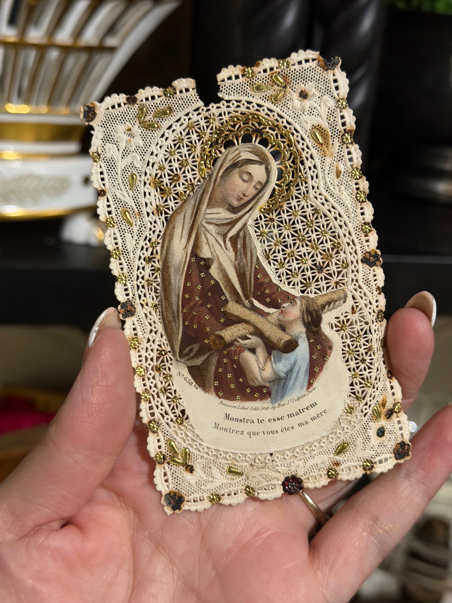 Reserved Antique French Prayer Book with Lace Holy Cards