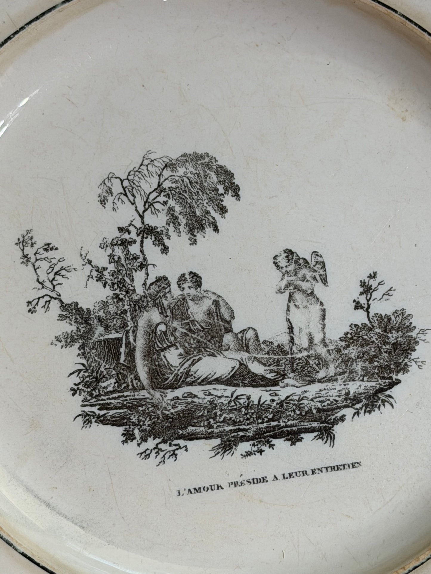 Set of Three Early 19th Century French Creil Black Transferware Fable Plates | 9.25"