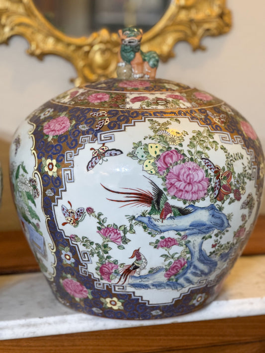 PAIR Monumental Vintage Chinese Porcelain Melon Jars with Foo Dog Handles