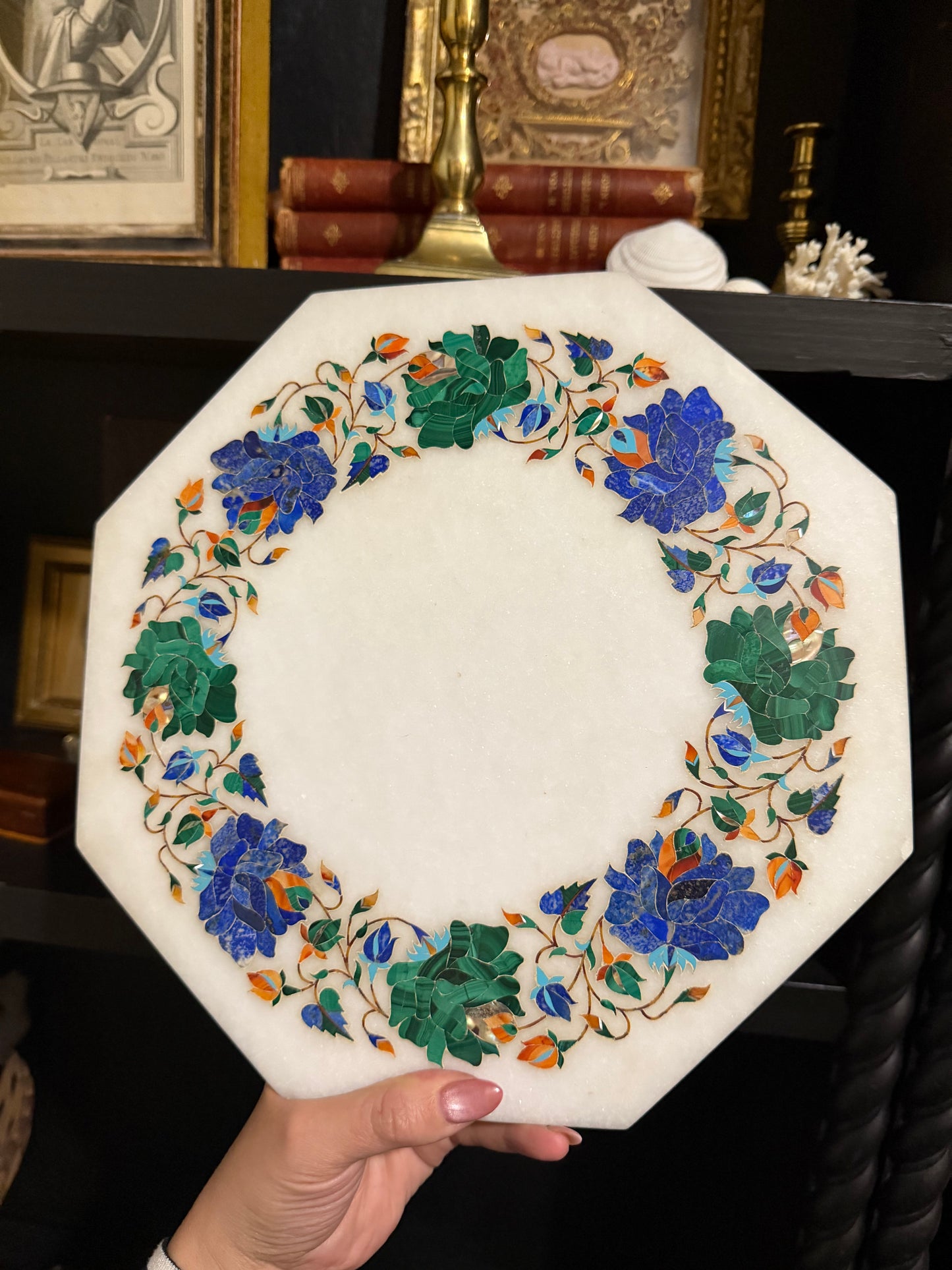 Marble Pietra Dura Platter with Hardstone Floral Inlay, 11.25 Inches