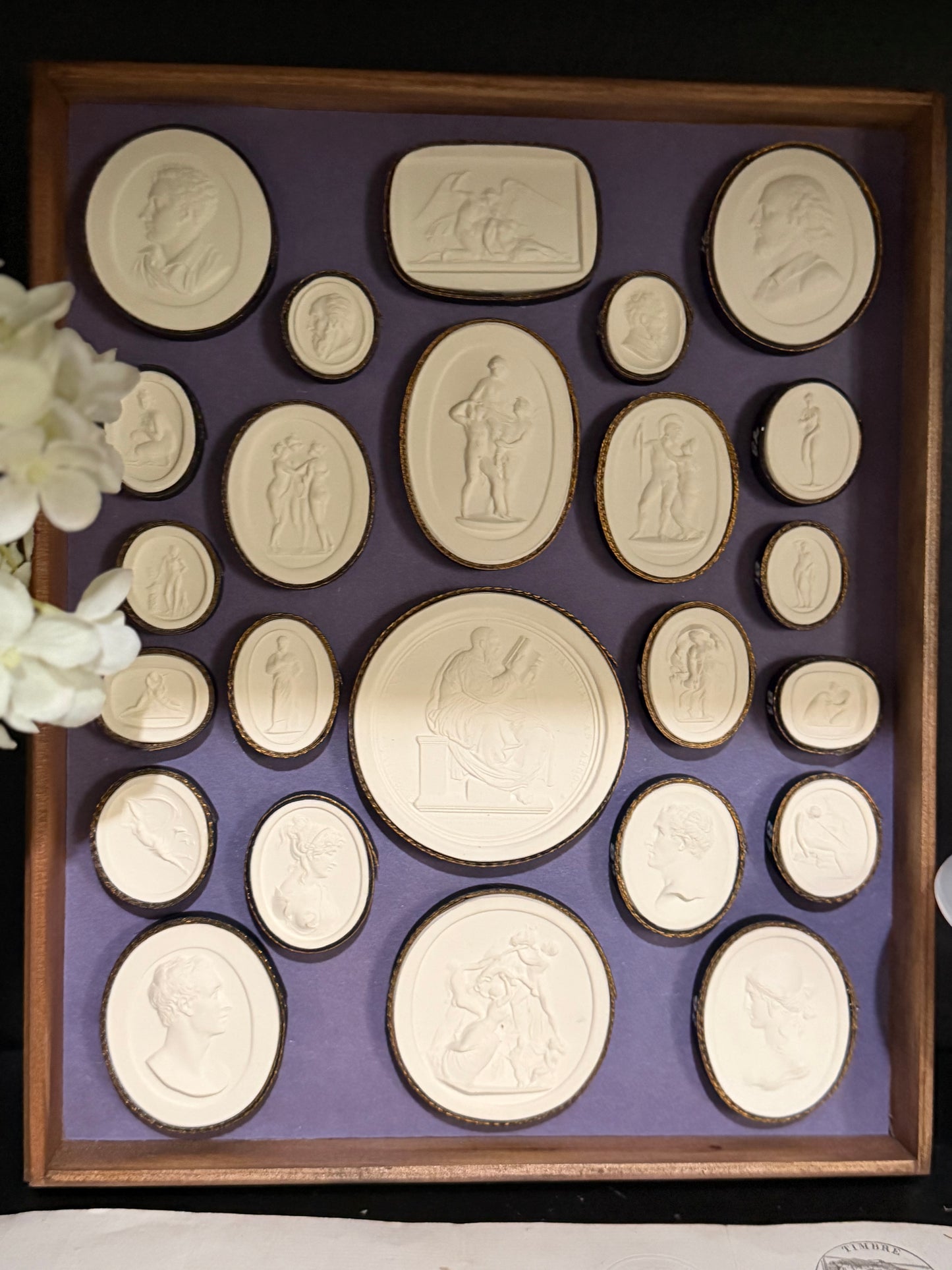 Reserved 19th c French Alabaster Pocket Watch Holder, 2 Trays Intaglios, Bronzed Intaglio of Cherubs, Tortoise Box