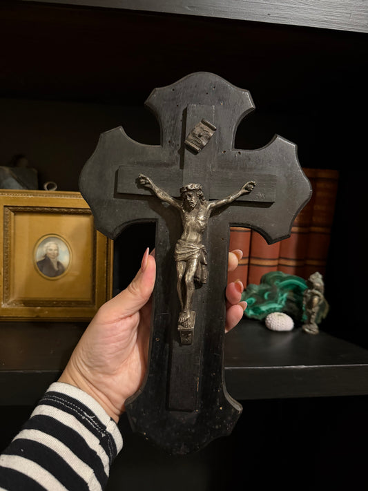 Early 19th Century French Provincial Carved Wood Crucifix with Metal Corpus 11.5”x7”