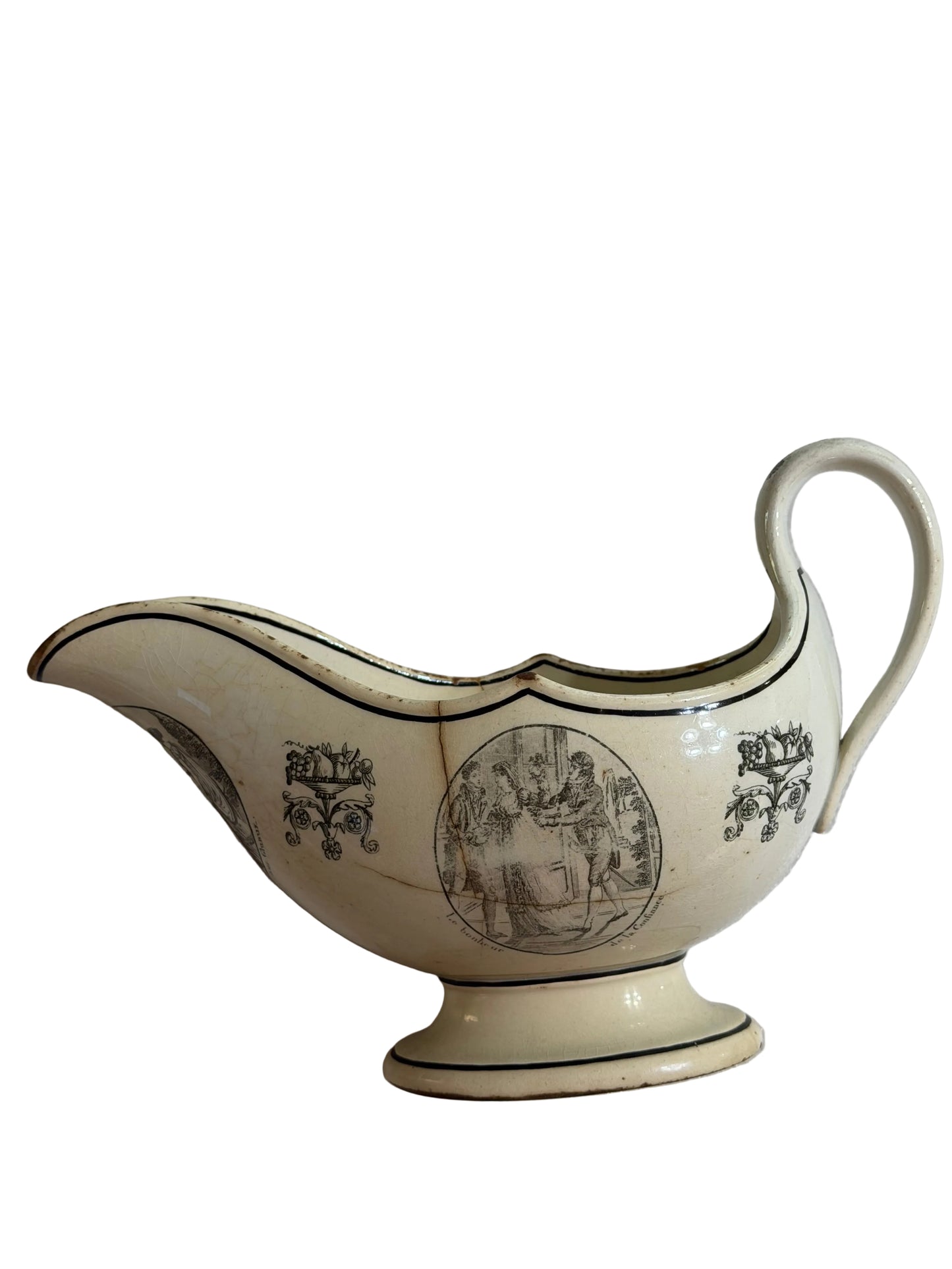 Early 19th Century French Creil Black Transfer Printed Creamware Sauce Boat | Historical & Fable Scenes