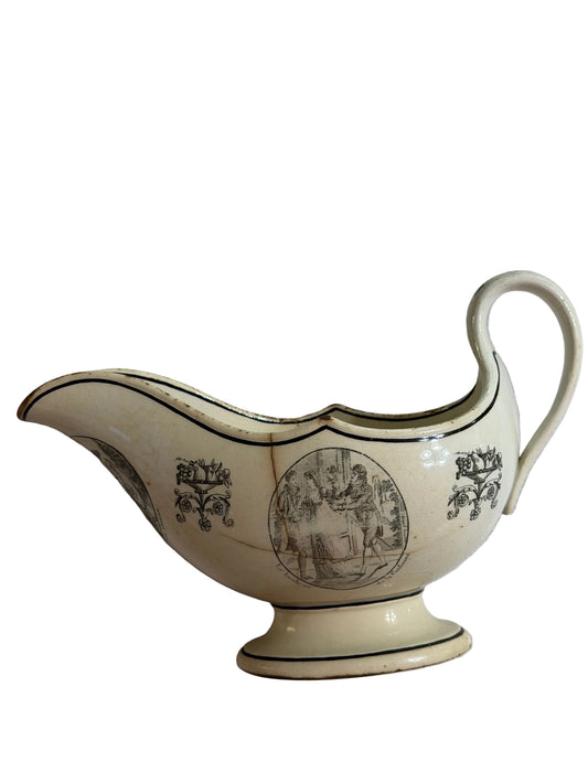 Early 19th Century French Creil Black Transfer Printed Creamware Sauce Boat | Historical & Fable Scenes