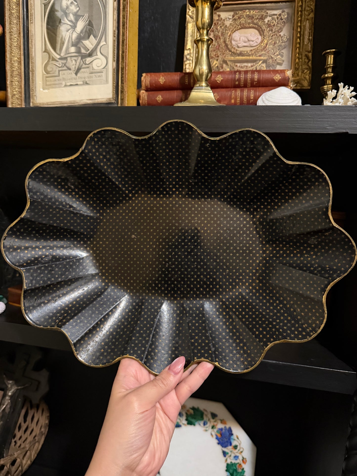 19th Century French Black Lacquered Papier Mâché Tray with Gilt Star Decoration, 14 Inches