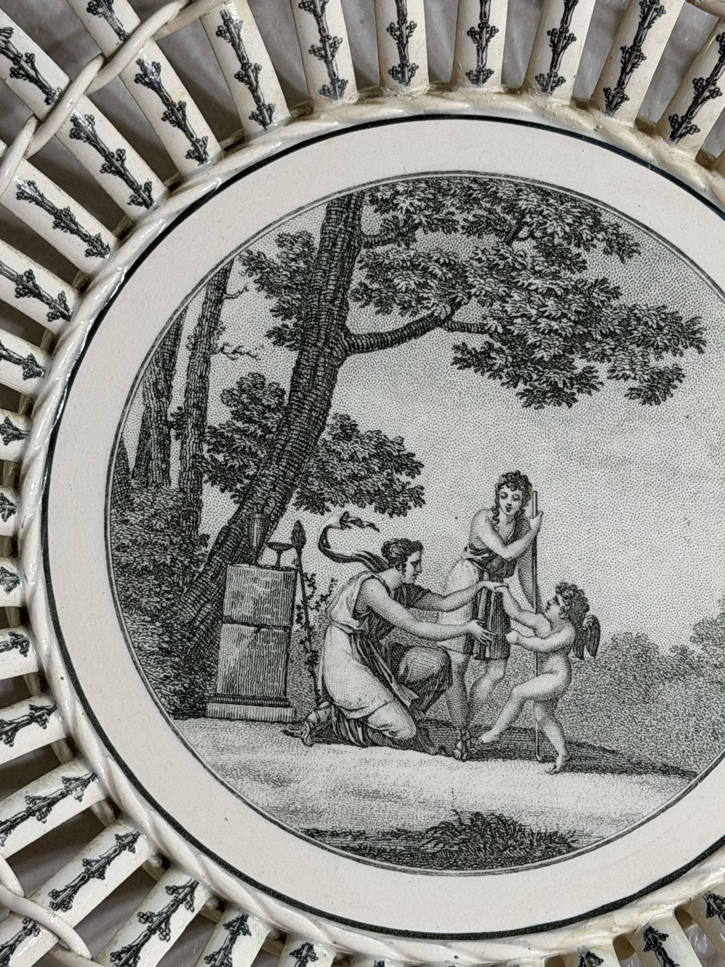Rare Antique French Creil Basket Weave Black Transferware Plate “Les Premiers Pas de l’Amour,” 10”