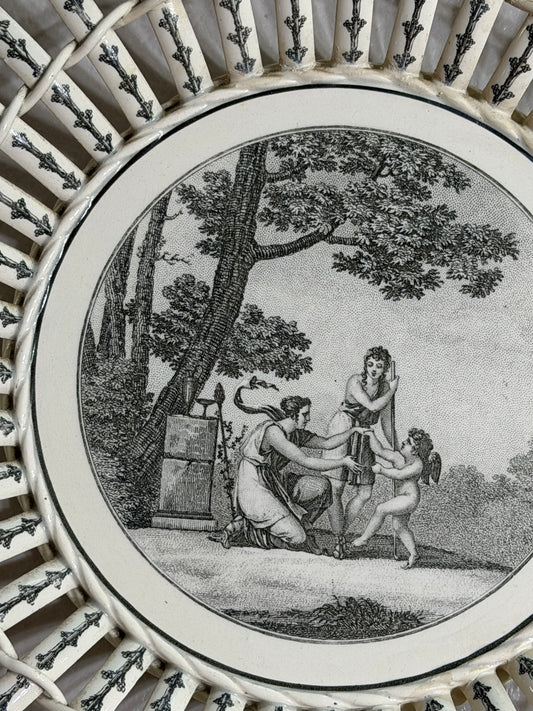 Rare Antique French Creil Basket Weave Black Transferware Plate “Les Premiers Pas de l’Amour,” 10”