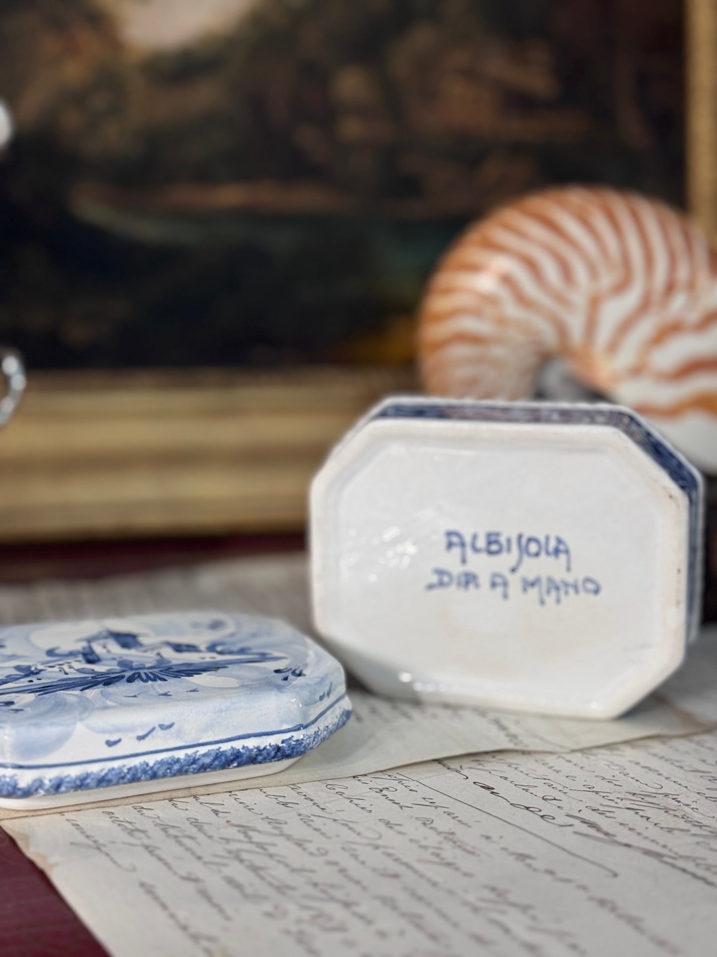 Hand-Painted Italian Blue and White Ceramic Keepsake Box