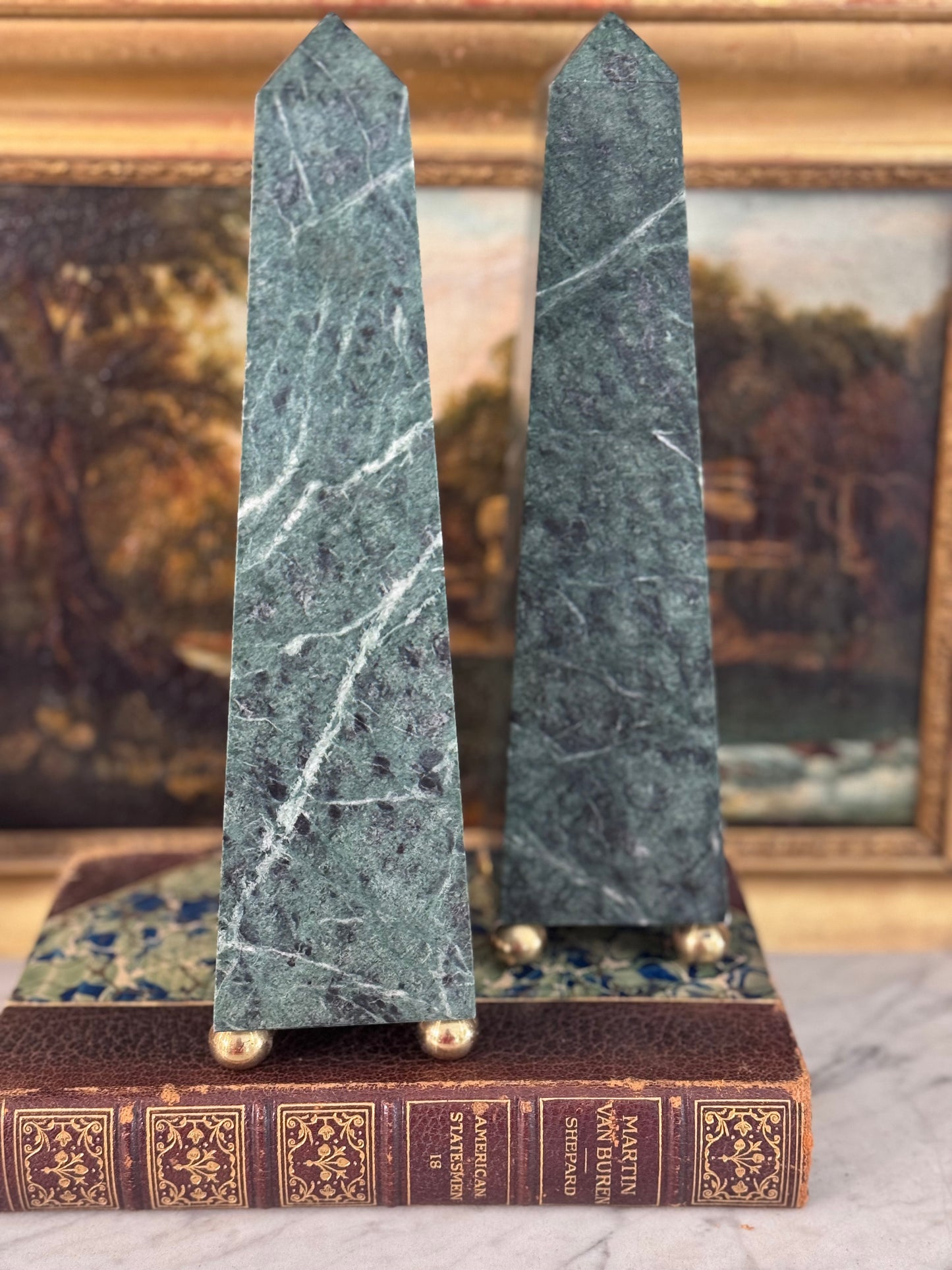 Pair of Green Marble Obelisks with Brass Ball Feet