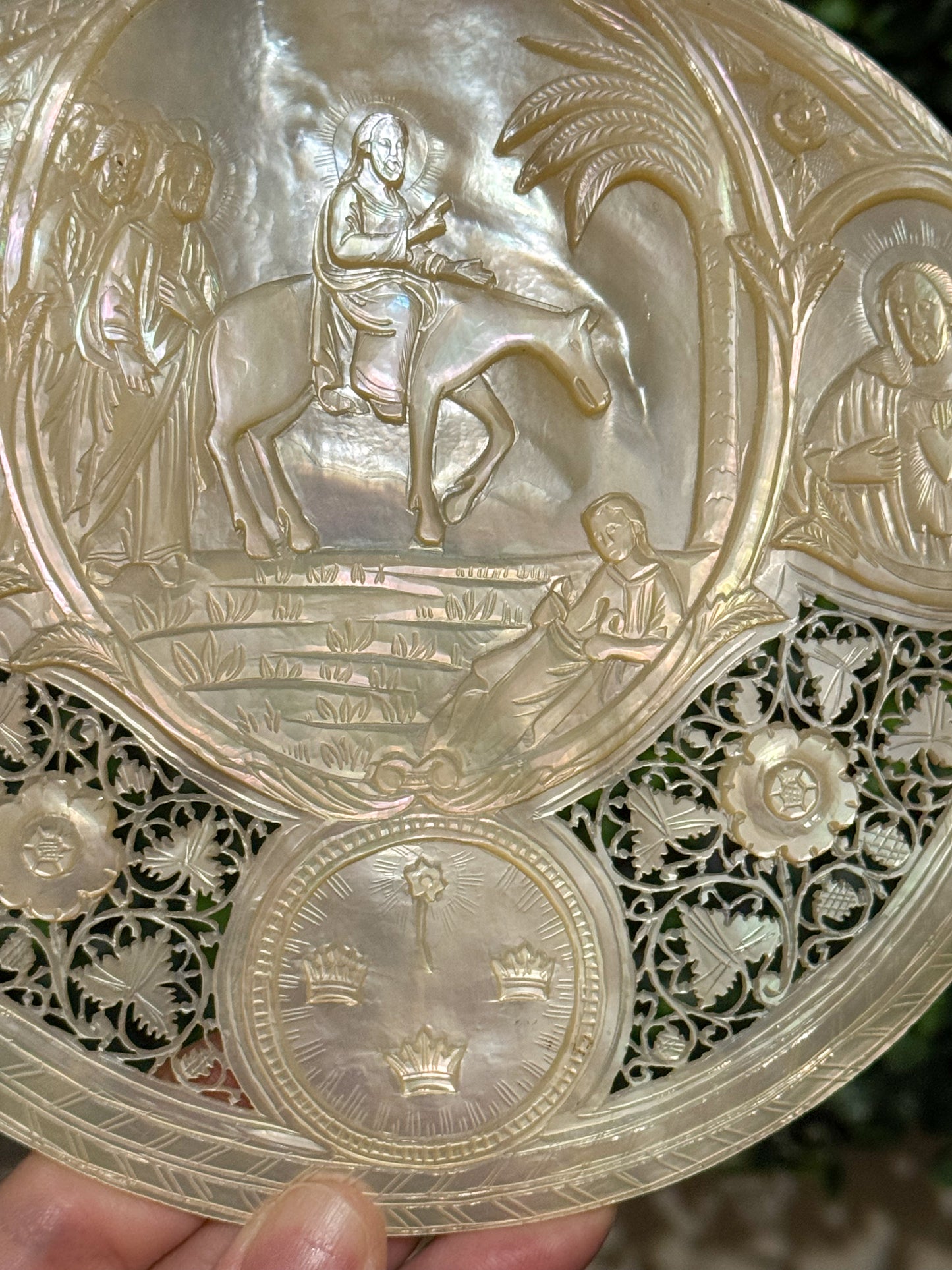 19th Century Intensely Carved Mother of Pearl Religious Devotional Shell
