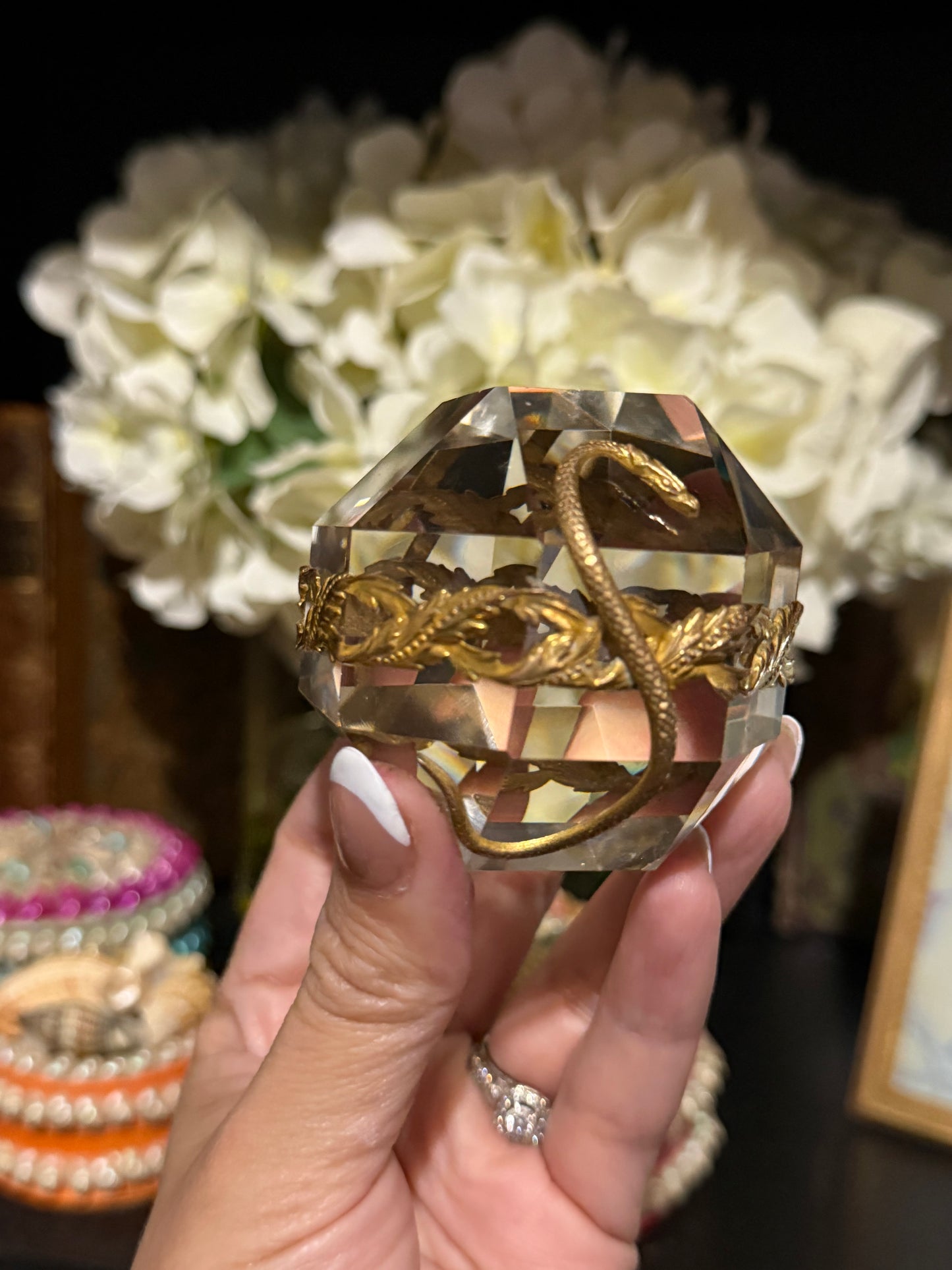 Reserved Stunning 19th c. French Crystal Paperweight with Gilt Bronze Snake Cage