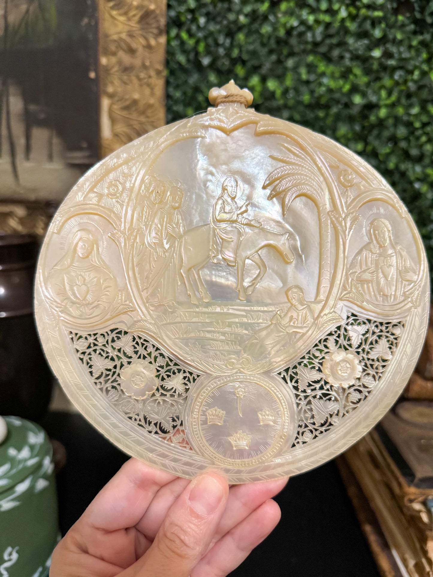 19th Century Intensely Carved Mother of Pearl Religious Devotional Shell