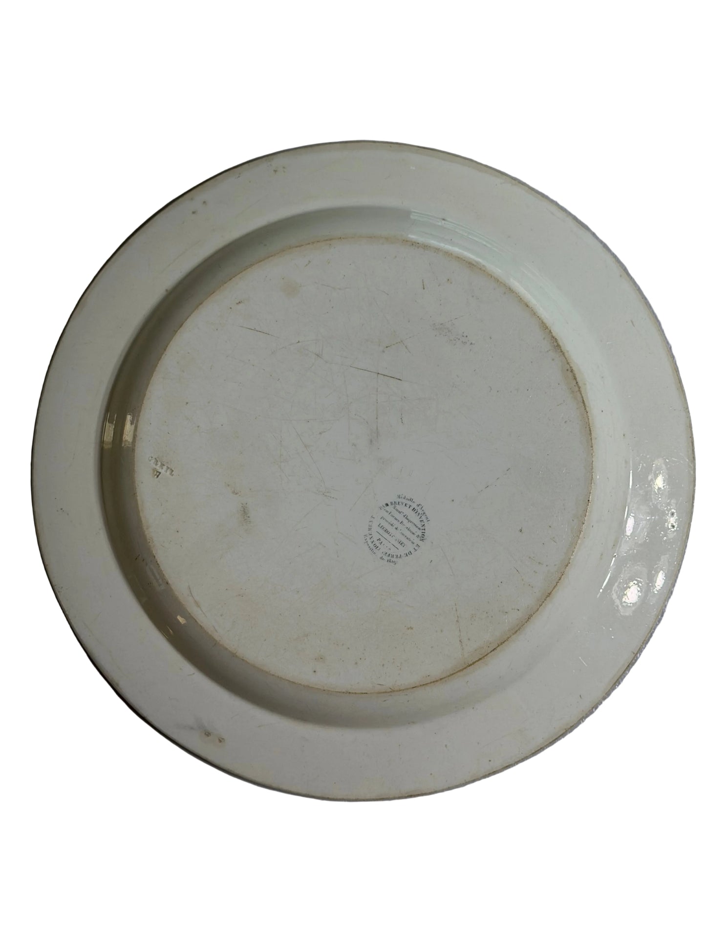 Antique French Creil Black Transferware Plate “Craint on les Traits de l’Amour dans le Sein d’une Mère,” 11”
